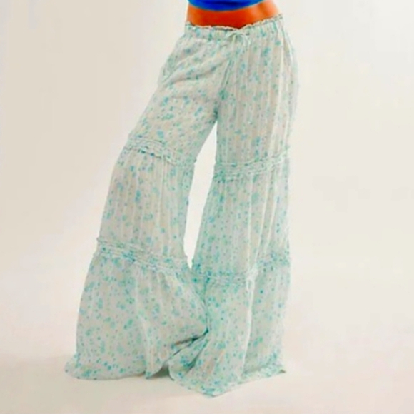 Free People Pants - Free People Light Blue Floral Wide-Leg Palazzo Pants